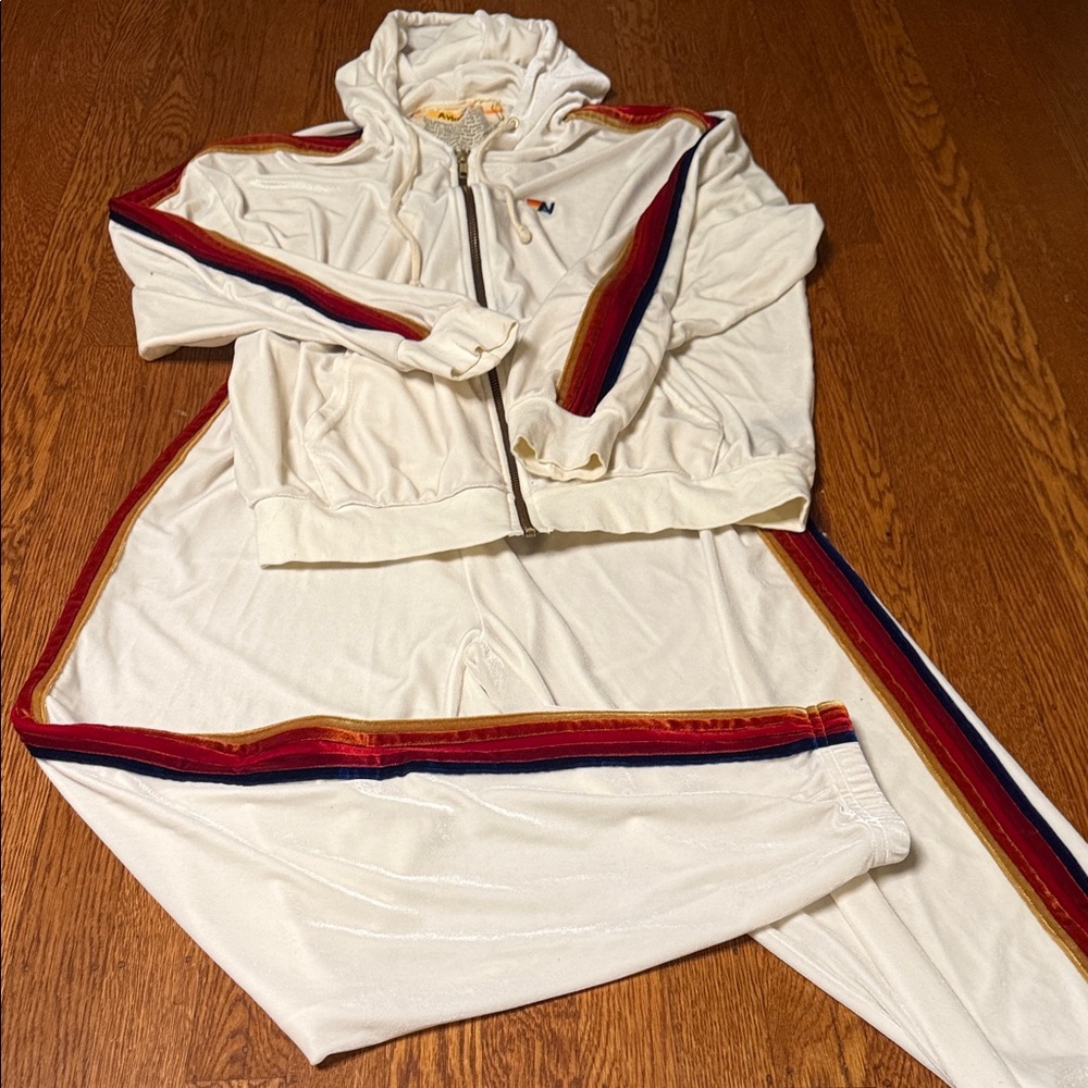 Aviator Nation Cream Tracksuit with Red and Blue Stripes